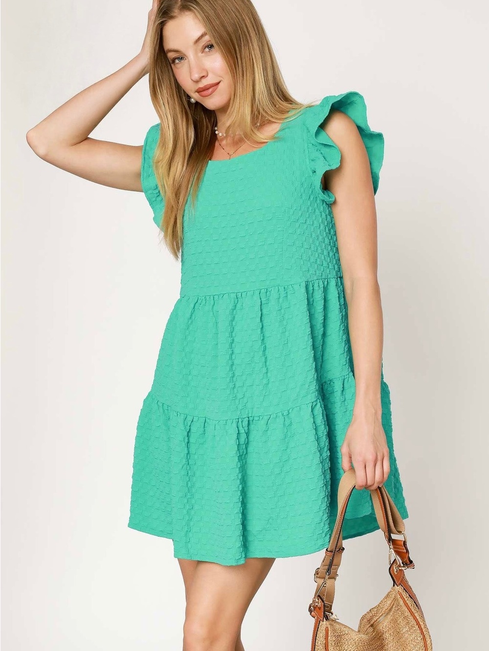 NWT Umgee Emerald Green Textured Tiered Ruffle Sleeve Babydoll Dress Small